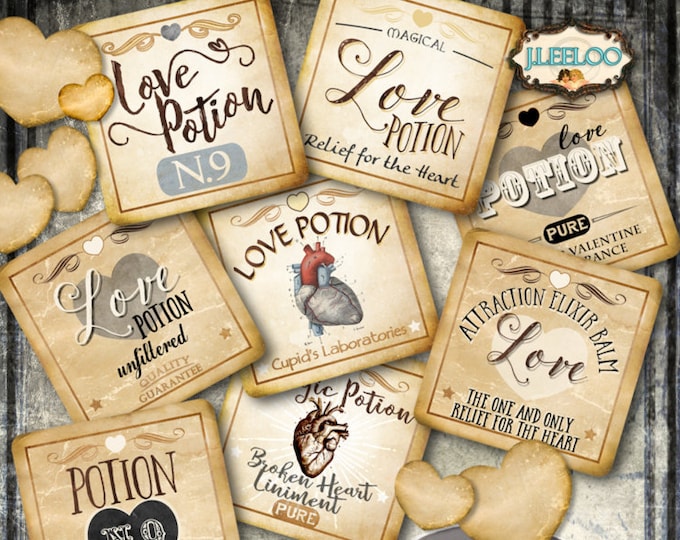 LOVE POTION 1x1 inch vintage digital image steampunk labels printable halloween magic heart scrapbook diy instant download qu490
