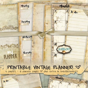 PLANER dziennik w stylu distressed scrapbook tygodniowy miesięczny dziennik natychmiastowe pobieranie do druku vintage organizer pp312
