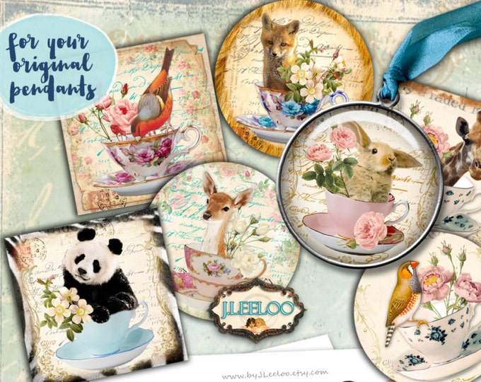 Digital print TEA WITH FRIENDS 1 inch 1x1 inch hang tag wild animal images pendant magnet instant download printable image tn337