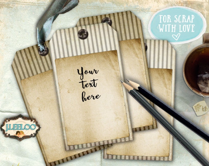 Blank STRIPED TAGS Digital collage sheet editable writable label steampunk scrap luggage tag brown sepia instant download tl171