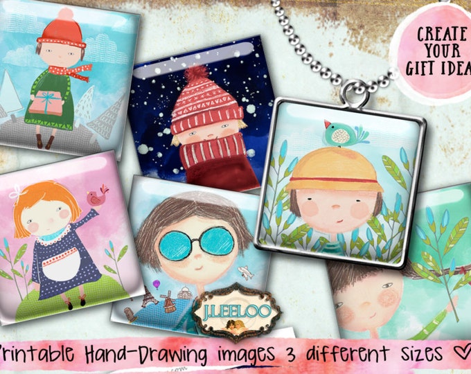 CHILDREN ILLUSTRATION 2.5 1.5 1 inch square digital collage sheet paper hand-drawn magnet stickers instant download printable qu481