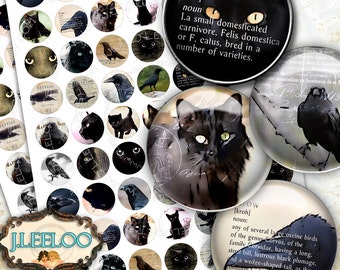 May include: A set of 36 black cat and raven themed 1 inch round stickers. The stickers feature black cats, ravens, and vintage text. The text includes the definitions of the words "cat" and "crow".