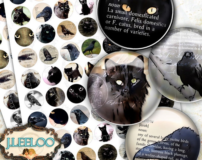 BLACK CAT n RAVEN Digital Download 1" size round printable images for glass / resin pendants magnet bottlecaps bezel trays halloween tn455