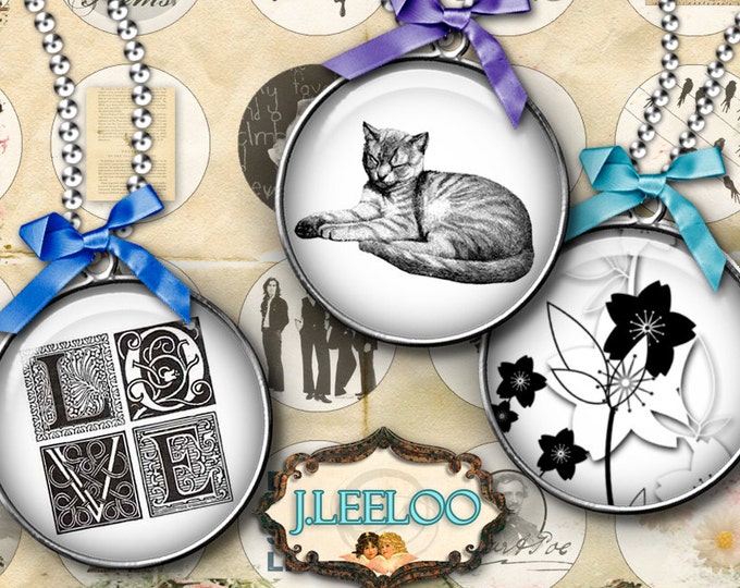 Digital collage sheet BLACK and WHITE LIFE 1 inch circle for pendants cliparts magnets resin glass instant download printable tn305
