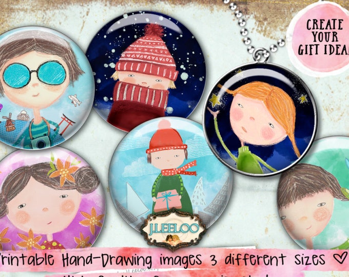 CHILDREN ILLUSTRATION 2.5 1.5 1 inch circle digital collage sheet paper hand-drawn magnet stickers instant download printable tn516