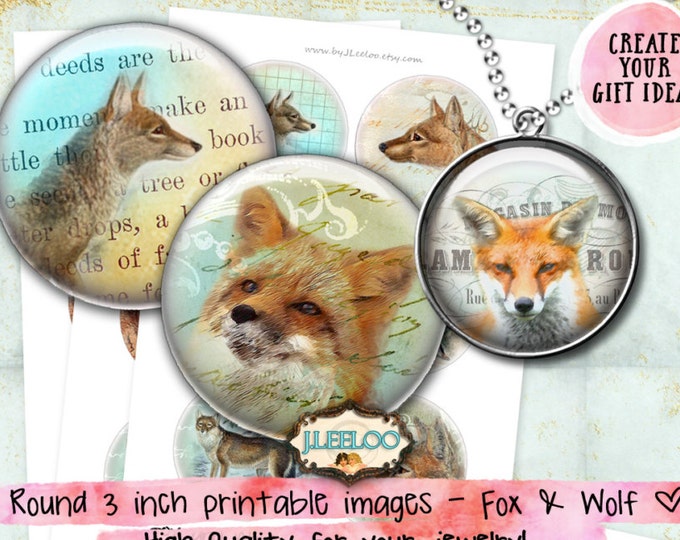 Digital printable FOX AND WOLF 3 inch circle sheets digital images paper goods vintage magnets pendant craft instant download tn528