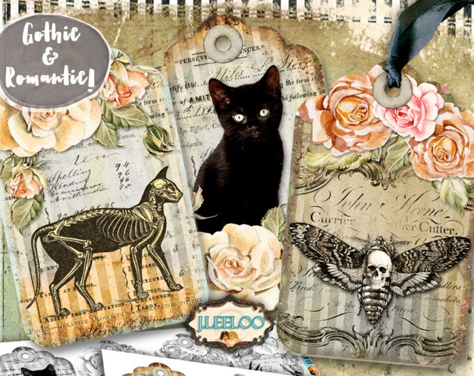 ROMANTIC GOTHIC tag gift halloween craft art instant download printable steampunk moth deer bones black cat Digital collage sheet tl177
