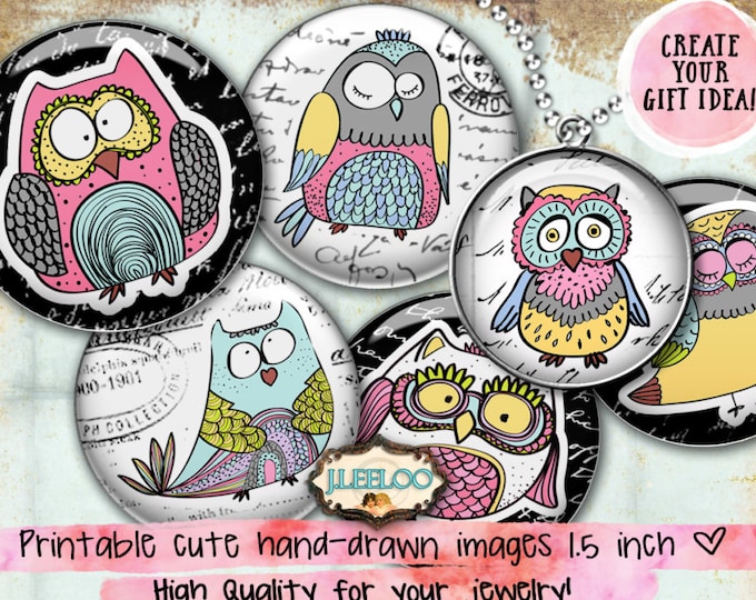 Digital collage OWL 1.5 inch rounds clipart digital images for pendant jewelry magnet hand drawn instant download printable tn509