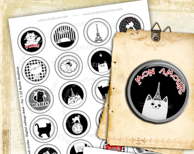 Digital printable CATS IN PARIS 2 papers for button machine magnet stickers pendant hand drawn original instant download printable tn449