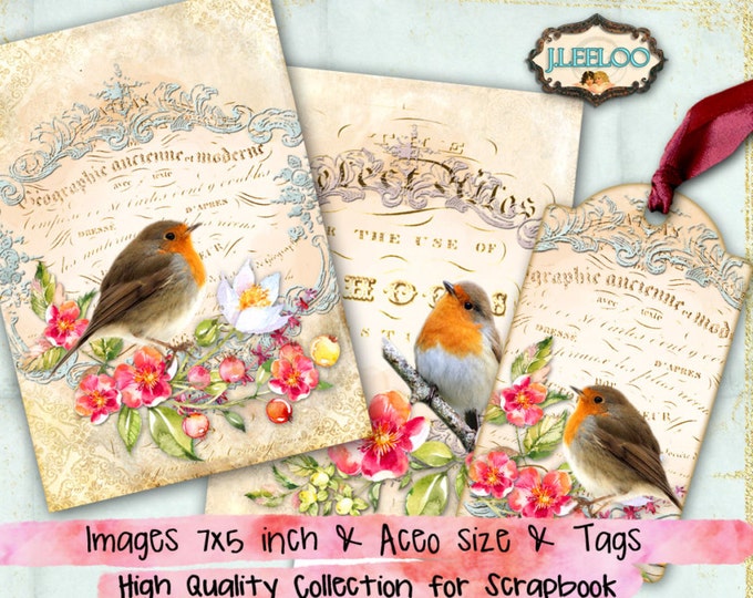 ROMANTIC BIRDS printable card tag digital papers scrapbook instant download printable Digital collage sheet  pp344