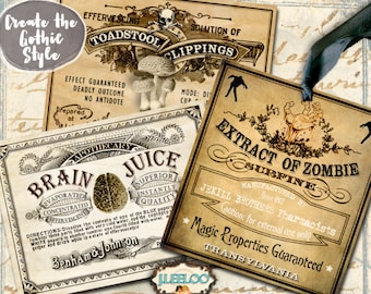 Könnte beinhalten: Ein Satz von acht Halloween-Tränketiketten im Vintage-Stil mit gotischen Schriftarten und Illustrationen. Die Etiketten tragen Namen wie "Extrakt von Zombie Surfine", "Gehirnsaft", "Magic Lady Wendy Condition Powders" und "Toadstool Clippings". Die Etiketten sind auf cremefarbenem Papier mit brauner Tinte gedruckt und haben eine Größe von etwa 14 cm x 7,6 cm oder 10 cm x 9,1 cm.
