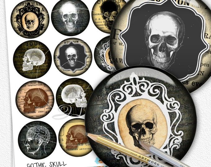 Digital images GOTHIC SKULL 2.5 inch circle for scary halloween pocket mirrors cupcake topper scrapbook Digital collage sheet tn479