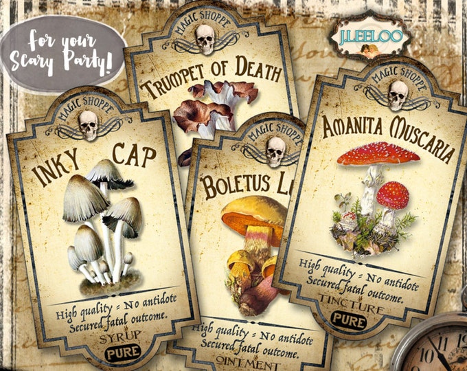 POISON bottle jar apothecary labels Halloween party grunge tag mushrooms instant download printable digital collage sheet tl179