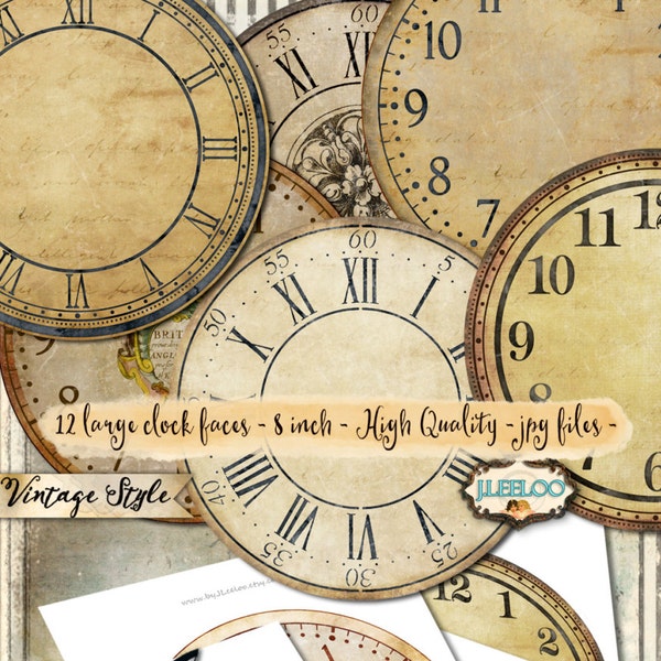 VINTAGE CLOCK 8 inch circle printable clock face jpeg clipart vintage home decor diy paper crafting download digital collage tn539