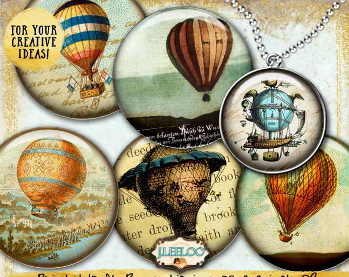 Digital collages FLY in the SKY 2 inch circle hot air balloon montgolfier for pendant magnet craft instant download print paper tn520
