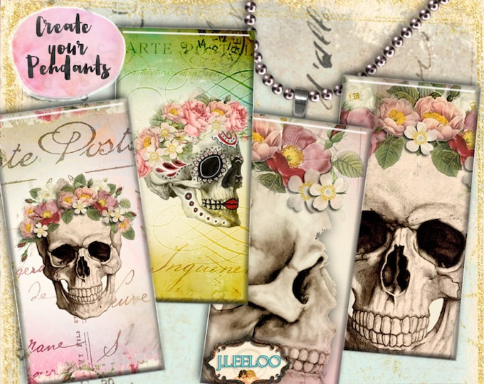 DIA De LOS MUERTOS printable 2x1 inch domino goth scary resin pendant halloween skulls instant download digital collage sheet do160