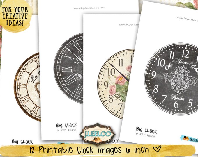 BIG CLOCK 6 inch circle home decor jpeg clipart vintage chalkboard paper crafting instant download digital collage printable tn504