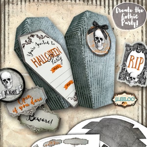 RIP COFFIN Halloween Party Einladung Einladungsbogen zum ausdrucken, ausschneiden und drucken lassen DIY Bastelbogen
