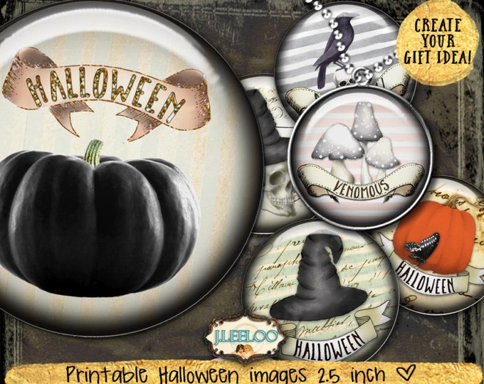 HALLOWEEN 2.5 inch circle Digital Download printable images for glass or resin pendants magnets bottle caps bezel trays cabochon tn496