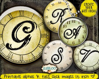 ALPHA CLOCK 1.5 inch circle digital collage sheet clock face grunge antique for pendant magnet and craft instant download diy tn501