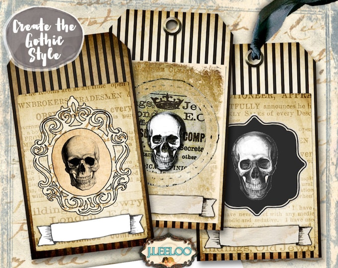 SKULL AND TAG label tags jewelry holder gothic halloween for craft art instant download printable steampunk Digital collage sheet tl172