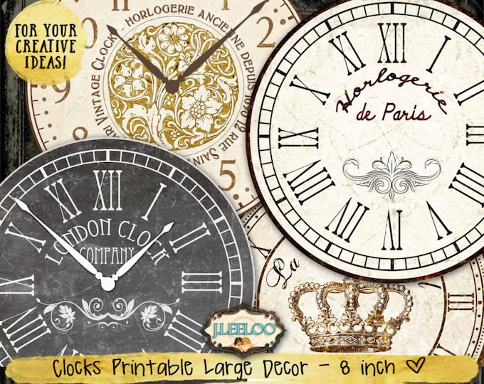 BIG CLOCK 8 inch circle home decor | jpeg clipart vintage chalkboard paper | crafting instant download digital collage printable tn498