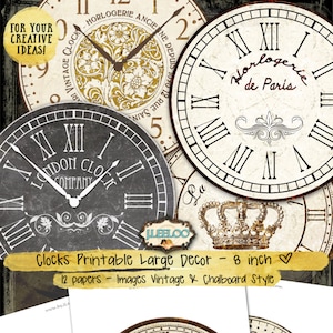 BIG CLOCK 8 inch Kreis Wohnkultur | jpeg Cliparts Vintage Kreidetafeln Papier | basteln sofort download digitale collage printable tn498