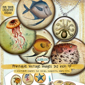 SEA LIFE Digital collage sheets 2 inch circle octopus jellyfish fish magnet stickers pendant craft instant download printable tn519