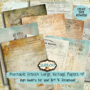 May include: A collection of vintage French papers with a distressed, aged look. The papers feature various text and designs, including "Atlas", "Create Your Artwork", "Manufacture de Chemises", and "Sin de Modes".