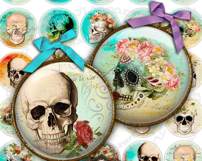 Digital printable THE SKULL 1.5 inch circle for goth scary dia de los muertos pendant craft instant download Digital collage sheet tn309