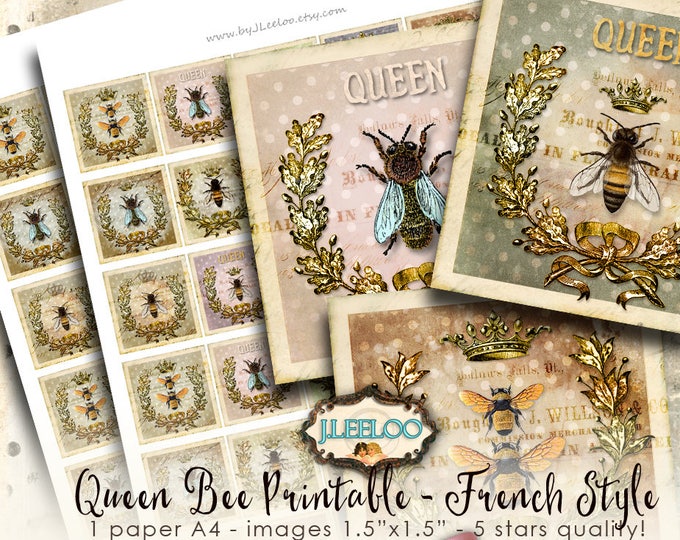 QUEEN BEE printable sheets 1.5 inch square digital images french paper goods chic vintage pendant craft instant download qu514