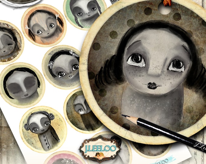 PRIMITIVE DOLLS  2.5 inch circle hand-drawn for pendants magnets bezel trays printable coaster graphic digital collage sheet tn564