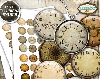 VINTAGE CLOCK 1 inch circle clock face printable for pendant magnet and craft grunge dirty antique instant download diy tn541