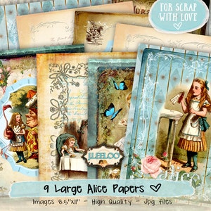 Papiers imprimables ALICE 8,5 x 11 pouces feuille collage numérique album de scrapbooking au pays des merveilles, invitation en téléchargement instantané arrière-plan pp346