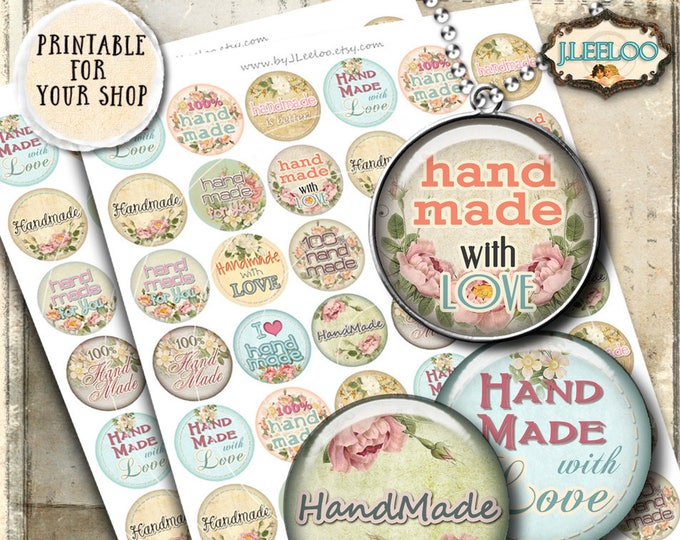 Digital print HANDMADE 1 inch 1.25 inch circle hang tag flower thank you images pendant magnet instant download printable image tn321