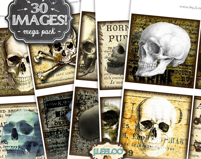 SKULLS 4x4 inch square printable for coaster jewelry holder hang tags invitations party instant download digital collage sheet- qu462