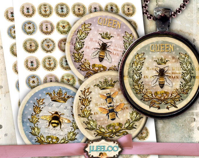 QUEEN BEE printable sheets 1 inch digital images french paper goods chic vintage pendant craft instant download tn571