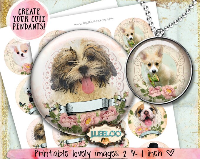 ADORABLE FRIENDS 2.5 inch 1 inch round Digital print hang tag dogs bezel trays images pendant magnet instant download printable tn529