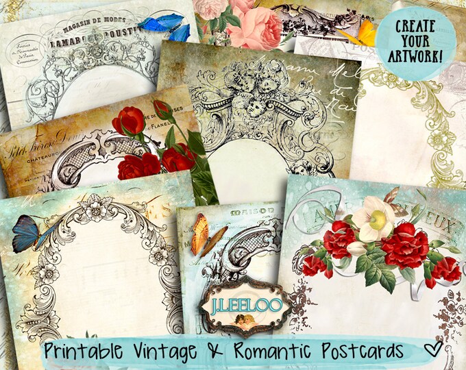 FRENCH POSTCARD 9 background 5x7 inch Digital collage sheet shabby frames victorian greeting cards instant download printable pp356