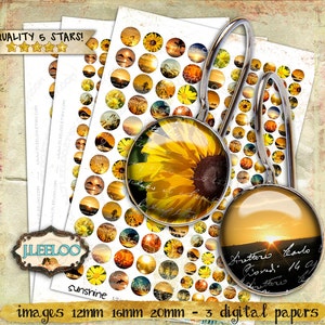 May include: Three digital papers with images of sunflowers, sunsets, and other nature scenes. The images are in circles, with sizes of 12 mm, 16 mm, and 20 mm. The papers are designed for crafting projects.