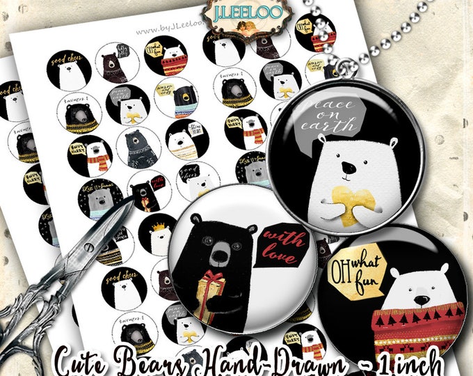 CUTE BEARS  hand drawn 1 inch holidays watercolor magnet craft pendant clipart  printable paper gold christmas digital download tn566