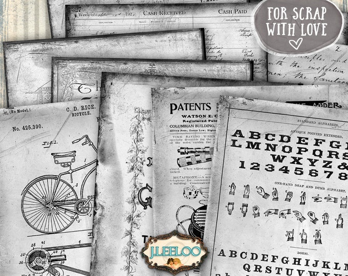 GRAY DOCUMENTS 10 digital collage sheets for scrapbook diary invited hang tag documents download printable invitation paper goods pp345