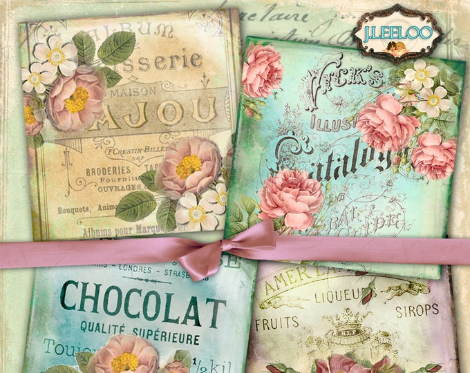 FRENCH digital paper 4x4 inch 2x2 inch large hang tag labels scrapbooking coaster magnet instant download printable image qu483