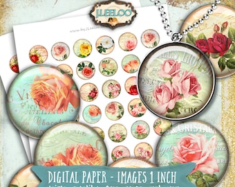 ROSES Digital images 1 inch circle Paper printable for pendants jewelry bezel trays glass cabochon magnet instant download  tn530
