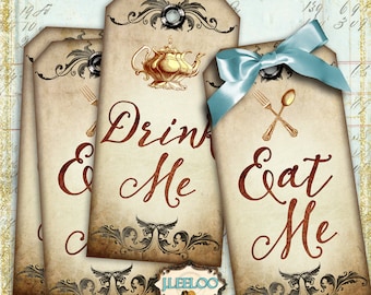 EAT and DRINK ME tags Alice in Wonderland Digital collage sheet crafting vintage brown sepia printable instant download tl178