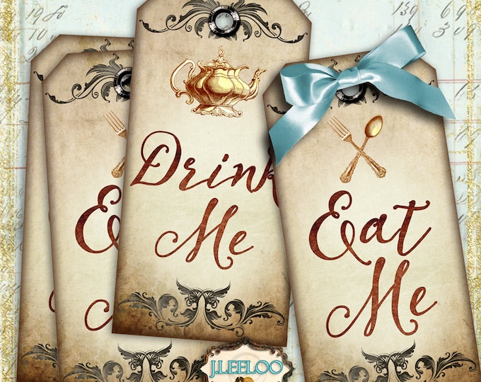 EAT and DRINK ME tags Alice in Wonderland Digital collage sheet crafting vintage brown sepia printable instant download tl178