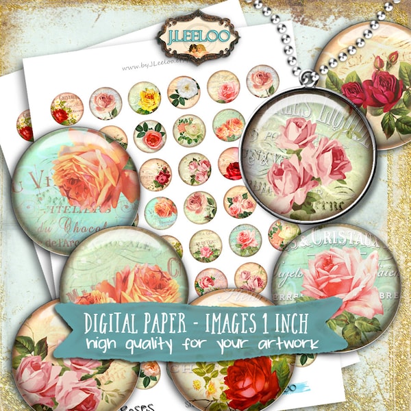 ROSES Digital images 1 inch circle Paper printable for pendants jewelry bezel trays glass cabochon magnet instant download  tn530