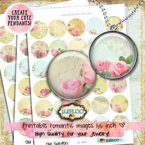 May include: Printable digital images of pink roses on a vintage background. The images are 1.5 inches in diameter and are ideal for creating jewelry pendants.