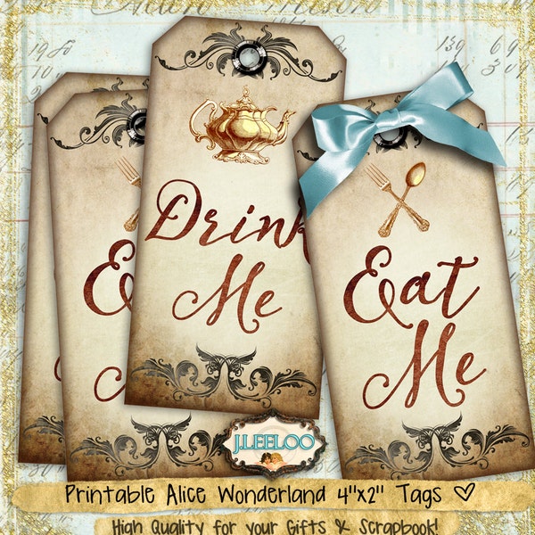 EAT and DRINK ME tags Alice in Wonderland Digital collage sheet crafting vintage brown sepia printable instant download tl178