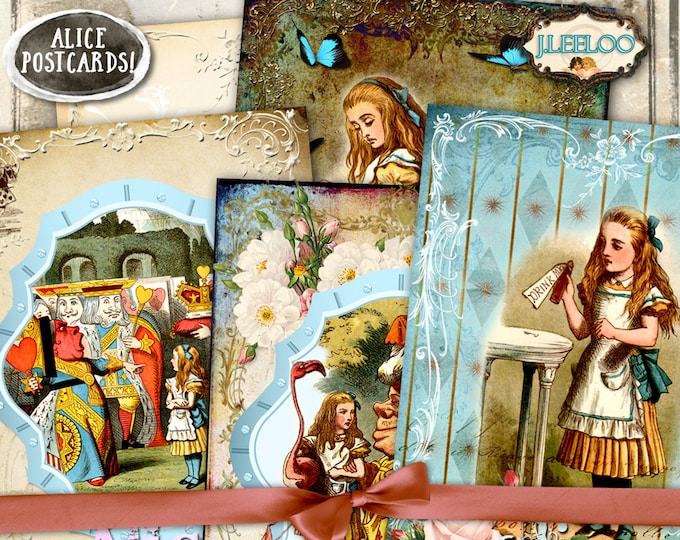 ALICE POSTCARD printable 7x5 inch postcard Digital collage sheet wonderland scrapbook diary invited instant download background pp368